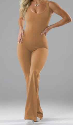 Slim fit hip raise backless jumpsuit in brown, featuring breathable polyester fabric and tight pants.