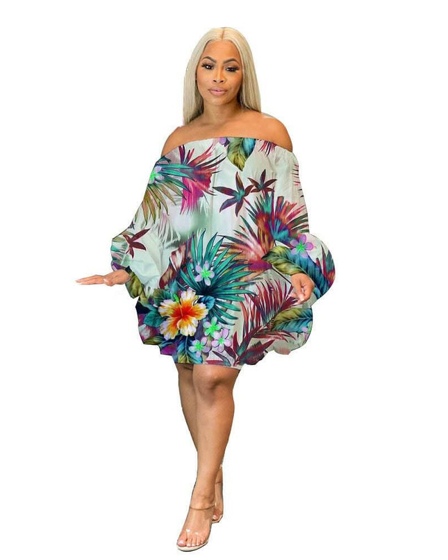 Off Shoulder Satin Printed Bat Sleeve Dress - Plush Fashion Shop #