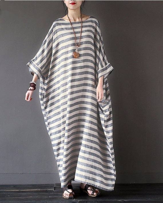 Cotton And Linen Stripes Loose Plus Long Dress