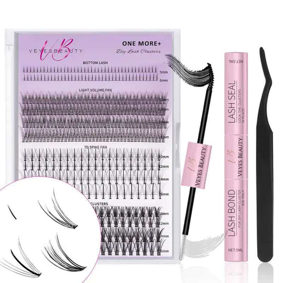 Veyesbeauty Clusters ONE MORE+ DIY Lash set with 7D and 20D cluster lashes, bottom lash option, and application tools for customizable eye makeup.