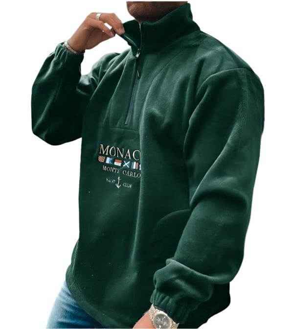 Autumn and winter men's sweater with alphabet embroidery in dark green, wool lining, and durable fabric.