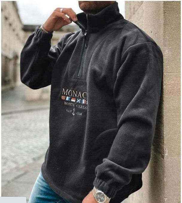 Autumn and winter thickened casual men's sweater with alphabet embroidery, wool lining, and durable fabric.