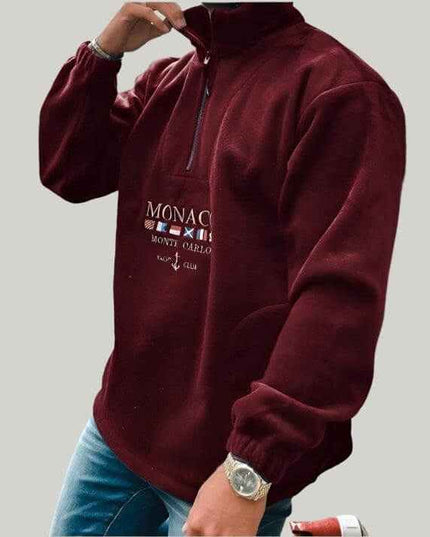 Autumn and winter alphabet embroidery thickened men's sweater in maroon, featuring a unique letter pattern, perfect for staying warm and stylish.