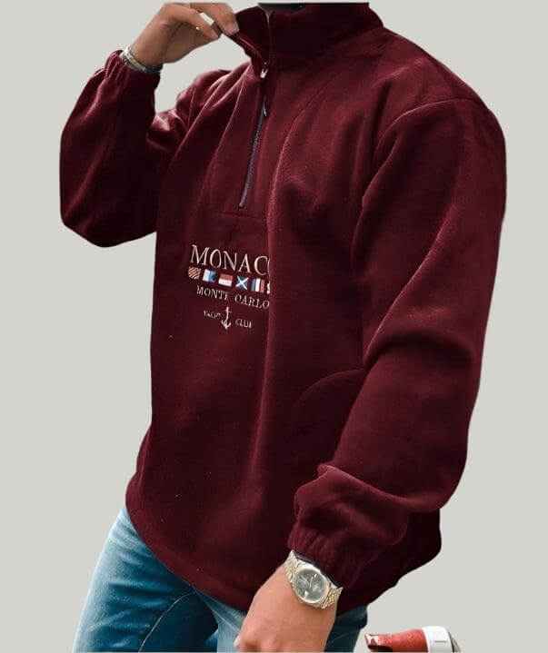 Autumn and winter alphabet embroidery thickened men's sweater in maroon, featuring a unique letter pattern, perfect for staying warm and stylish.