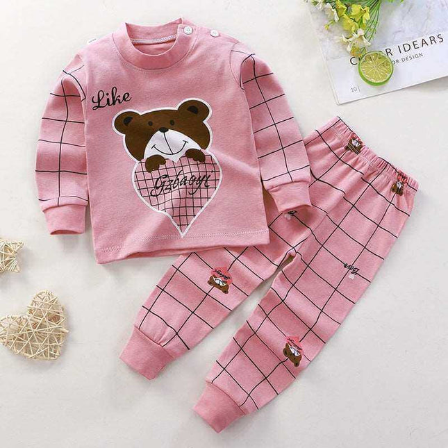 Boys and girls children's cotton pajamas with bear design, pink checkered pattern, soft and breathable fabric.