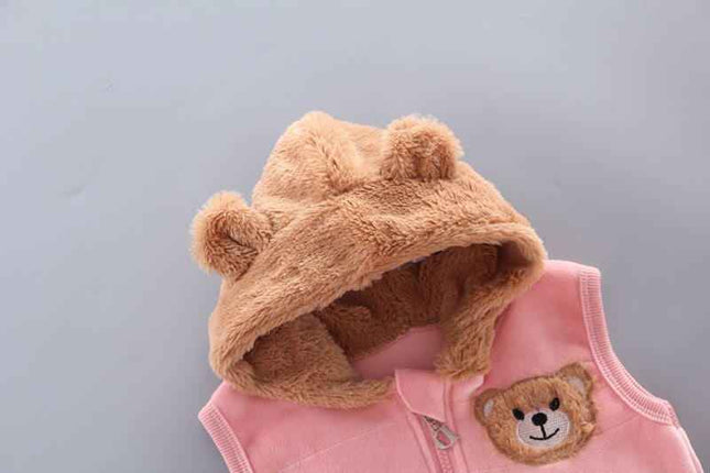 Boys and girls fashion casual three-piece set with cartoon bear design hoodie, made from soft cotton.