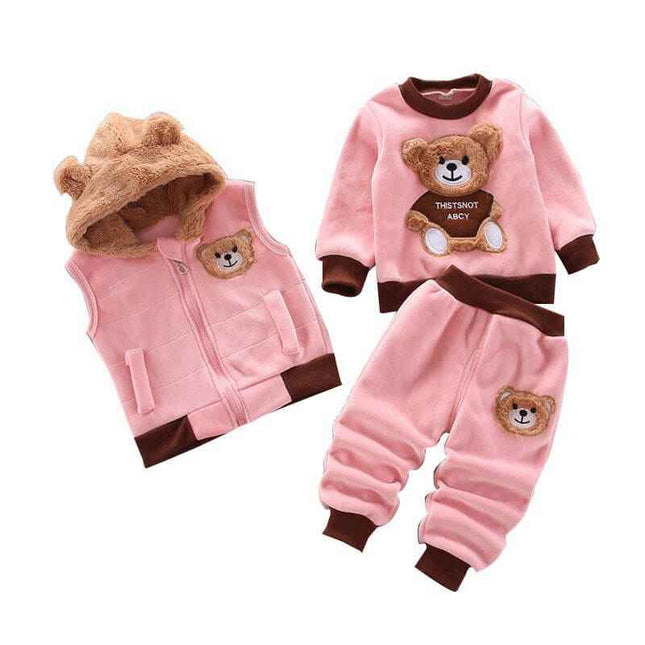 Boys and girls fashion casual three-piece set with cartoon design, perfect for autumn and winter.