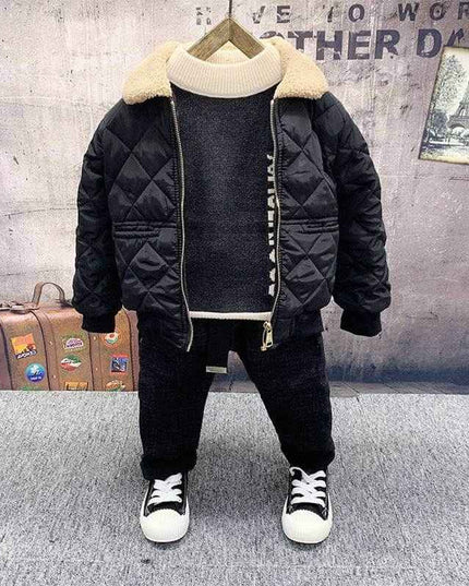 Boys fleece and cotton sweater jeans suit, trendy and cozy outfit on display.