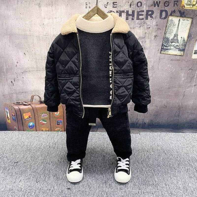 Boys fleece and cotton sweater jeans suit, trendy and cozy outfit on display.