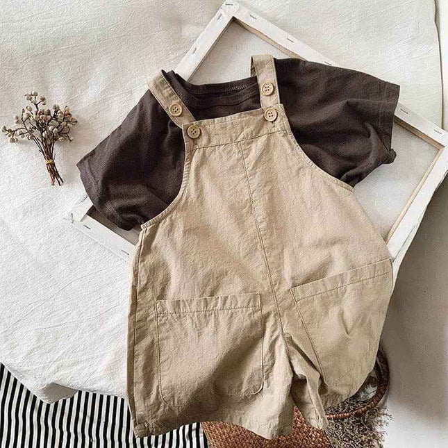 Kids' cotton breathable overalls in light brown, unisex design.