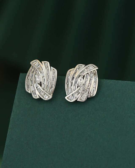 Elegant Micro Zircon stud earrings in geometric design with electroplated silver tone.