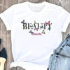 Women's geometric letter printed short sleeve T-shirt with butterfly design.