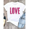 Women's white t-shirt with geometric letter print reading "LOVE" in pink.