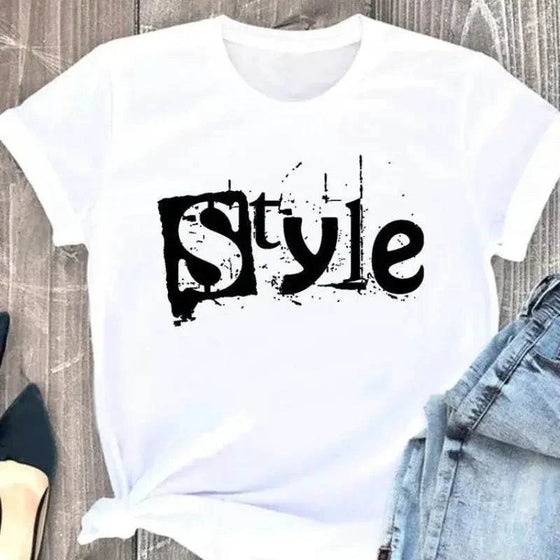 Women's Geometric Letter Printed Short Sleeve T-shirt with "Style" design in white Modal fabric.