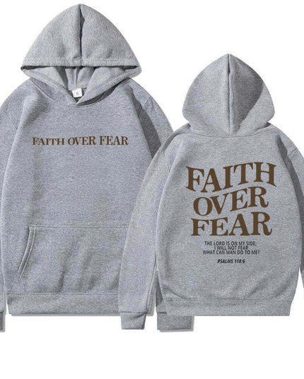 Faith Over Fear hoodies in gray with letter pattern and top-stitched pockets.