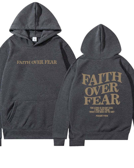 Faith Over Fear hoodies, cotton blend with wool lining, stylish letter pattern in front and back, available in multiple colors and sizes.