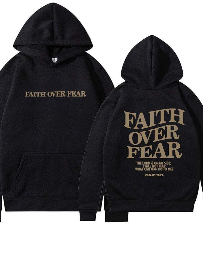 Faith Over Fear hoodies for men and women, stylish letter pattern, cotton blend with wool lining.