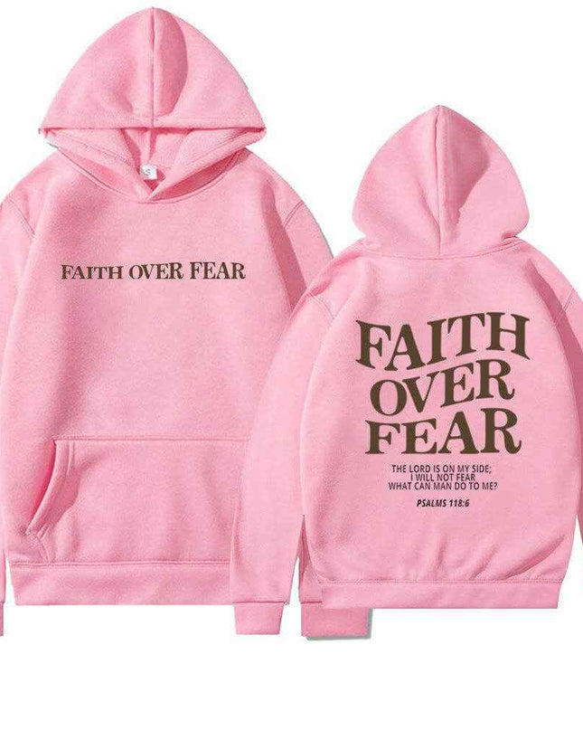 Faith Over Fear hoodies in pink with stylish lettering and top-stitched pockets, perfect for sports and street style.