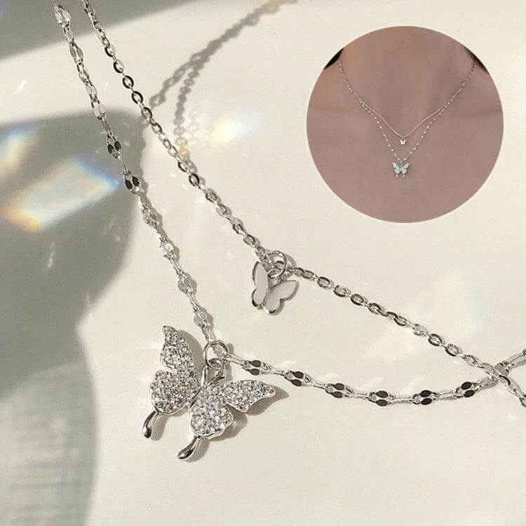 Elegant silver butterfly necklace with double layer clavicle chain, perfect for fashion jewelry lovers.