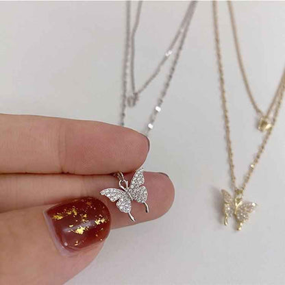 Elegant silver butterfly necklace with double layer clavicle chain, perfect for stylish summer fashion.