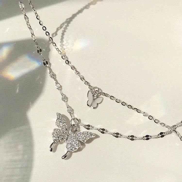 Fashion jewelry elegant silver butterfly double layer necklace.