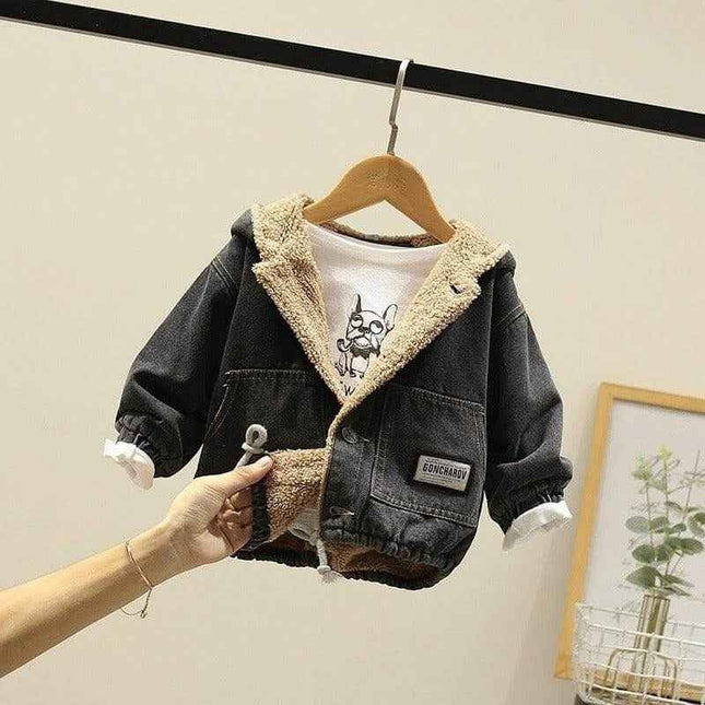 Fashion Simple Boys Thickened Casual Denim Jacket with cartoon pattern and lapel collar.