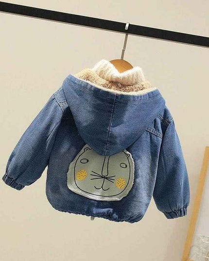 Fashion simple boys thickened denim jacket with cartoon pattern and hood.