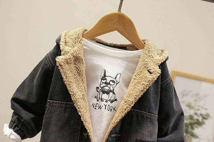 Fashion Simple Boys Thickened Casual Denim Jacket with cartoon pattern and hood, featuring warm cotton lining.