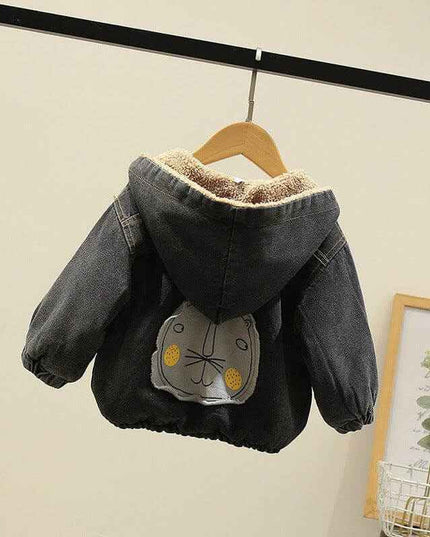 Fashion Simple Boys Thickened Casual Denim Jacket with cartoon pattern and hood.