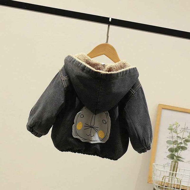 Fashion Simple Boys Thickened Casual Denim Jacket with cartoon pattern and hood.