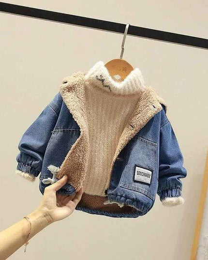 Fashion Simple Boys Thickened Casual Denim Jacket with cartoon pattern and hood.