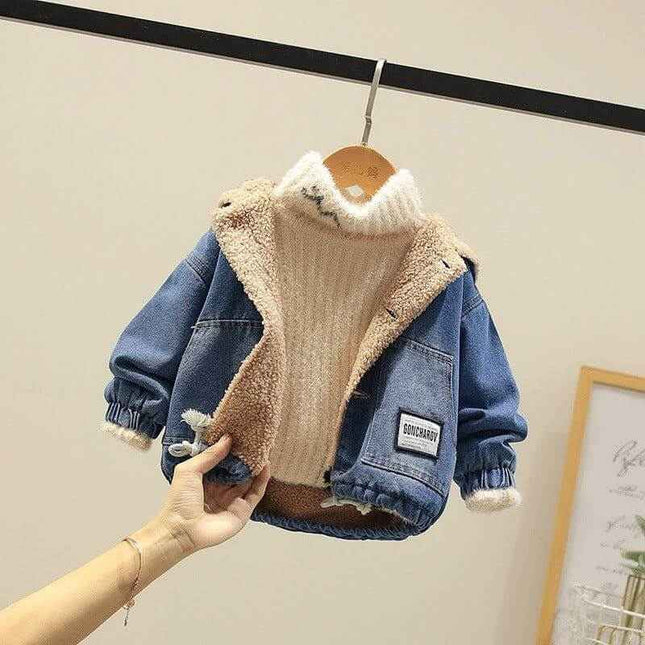 Fashion Simple Boys Thickened Casual Denim Jacket with cartoon pattern and hood.