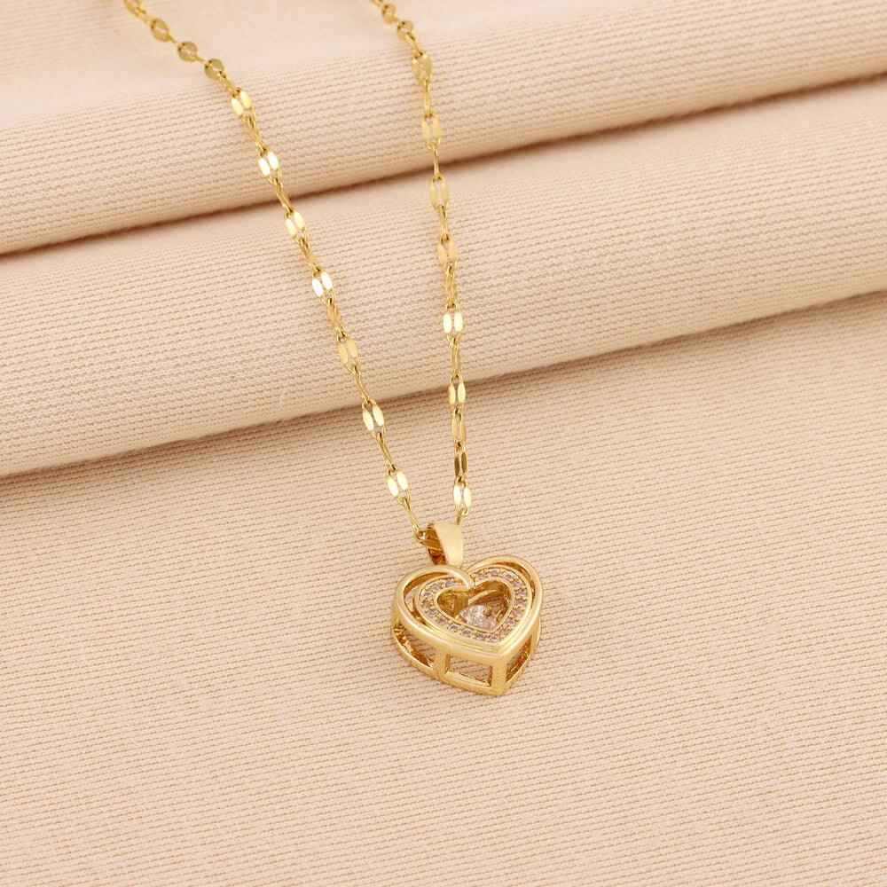 Heart-shaped gold chain necklace with double-layer pendant in titanium steel.