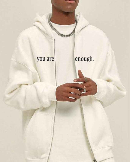 Hoodies Plus Size Sweatshirt with drawstring and zipper, casual style, white color, text "you are enough" on the front, suitable for various occasions.