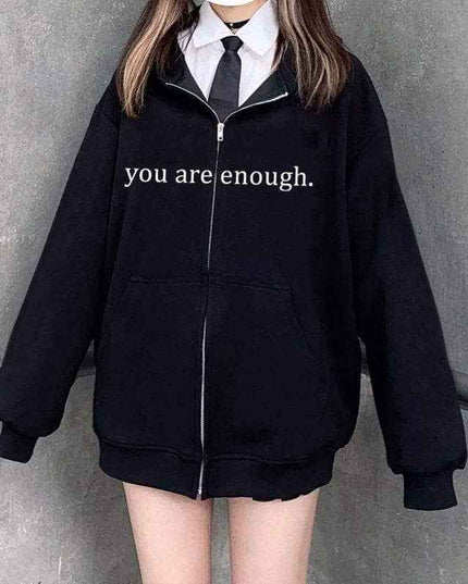 Hoodies Plus Size Sweatshirt with drawstring and zipper in black.