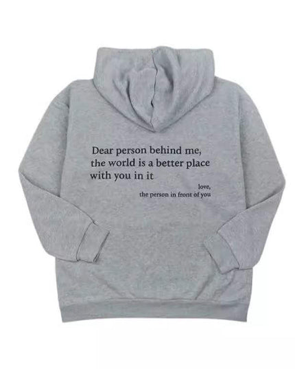 Plus size hoodie in gray with back text, long sleeves, and drawstring zipper design.