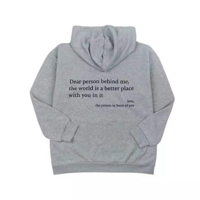 Plus size hoodie in gray with back text, long sleeves, and drawstring zipper design.