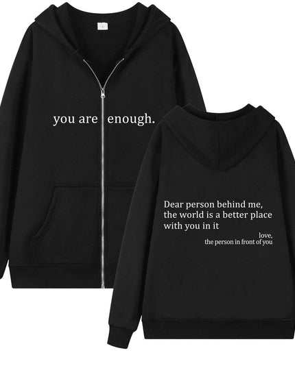 Hoodies Plus Size Sweatshirt with Drawstring and Zipper, Black, Front and Back View