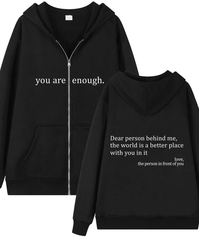 Hoodies Plus Size Sweatshirt with Drawstring and Zipper, Black, Front and Back View