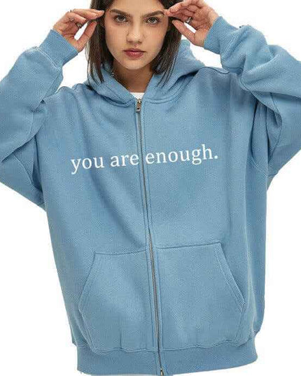 Blue plus size hoodie with zipper and "you are enough" text.