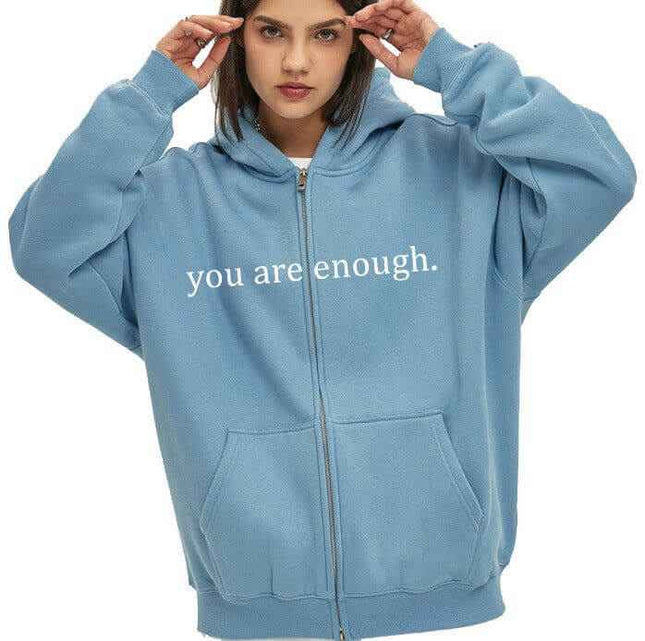 Blue plus size hoodie with zipper and "you are enough" text.