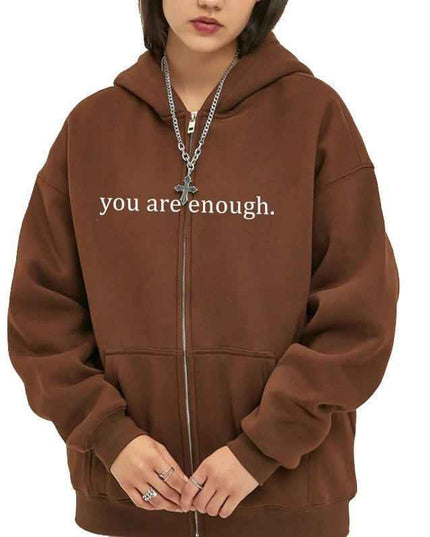 Hoodies Plus Size Sweatshirt with Drawstring and Zipper in Brown.