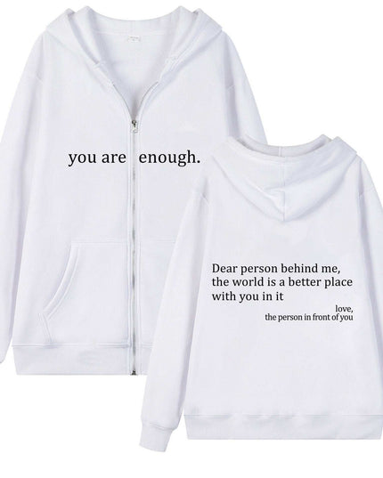 Plus size casual drawstring hoodie with zipper, featuring motivational text on front and back.