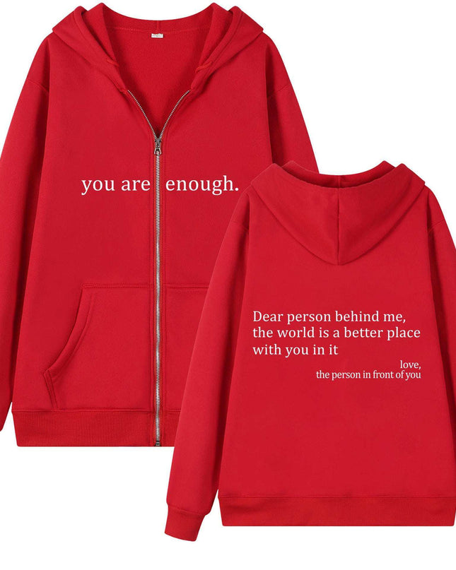 Plus size red hoodie with inspirational text, drawstring, and zipper.