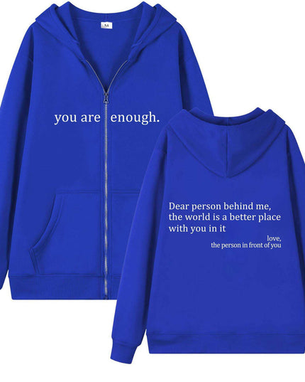 Plus size blue hoodie with white text, drawstring, zipper, and pocket detail.