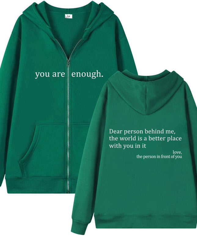 Plus size green hoodie with motivational quotes, featuring a zipper and drawstring, available in sizes S-4XL.