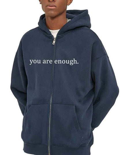 Hoodies Plus Size Sweatshirt Casual Drawstring Zipper in navy color, featuring "you are enough" text.