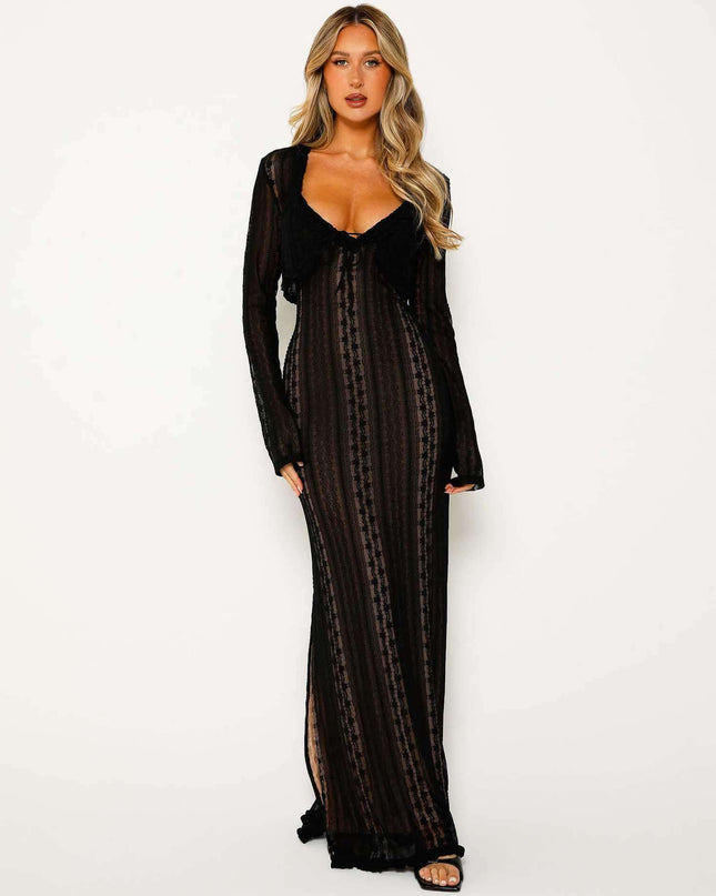 Women's Hot Fashion Long Sleeve Chiffon Dress in Black, V-neck Design