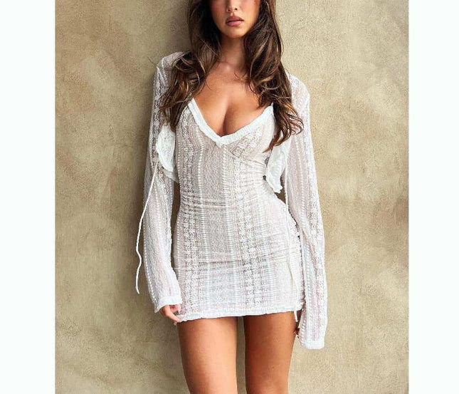 Women's long sleeve chiffon dress with V-neck in white lace, part of Hot Fashion collection.