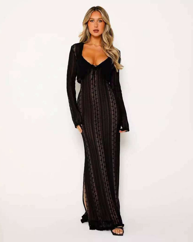 Women's long sleeve black chiffon dress with V-neck, lace details, and stylish design.